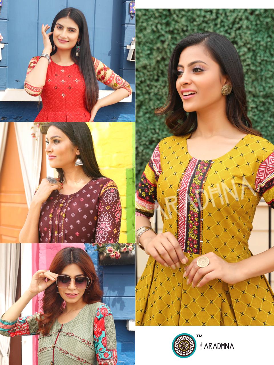 Aradhana Level 4 Latest Fancy  Printed Style Long Casual Wear Anarakali  Flair Pure Cotton Designer Kurti  Collection 

